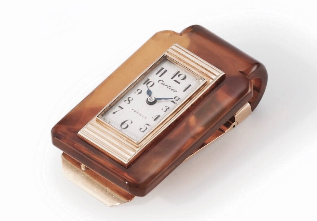 1930s Cartier Diamond Gold Money Clip with Watch